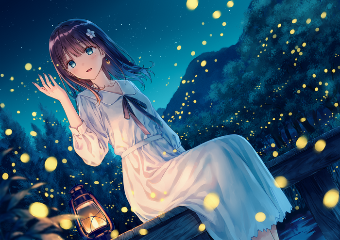 Anime girl with flower in hair at night with fireflies