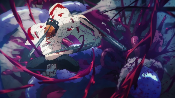 Chainsaw Man Anime Screenshot with Chainsaws and Blood