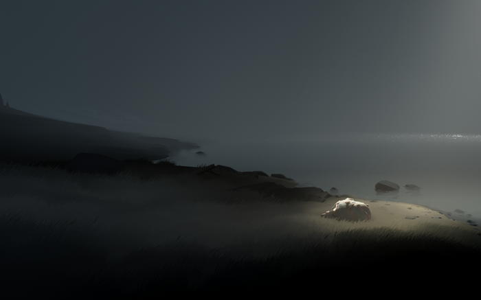 Inside game scene with a lone figure on a beach
