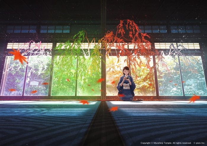 Girl in Kimono Kneeling by Window with Falling Leaves