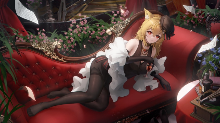 Arknights fox girl with wine on red couch