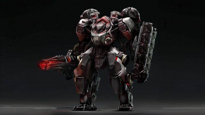 A heavily armored mech with a glowing red weapon