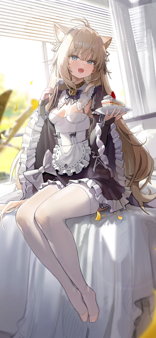 Cat girl in maid outfit eating cake