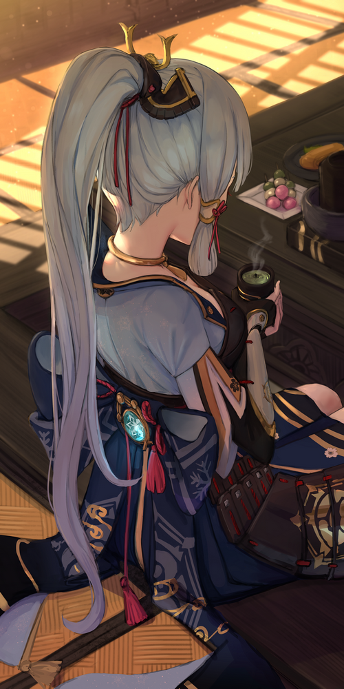 Kamisato Ayaka drinking tea in Genshin Impact