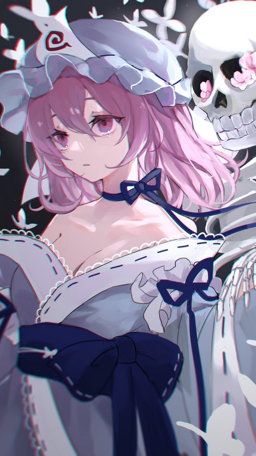 Saigyouji Yuyuko with a skull and butterflies
