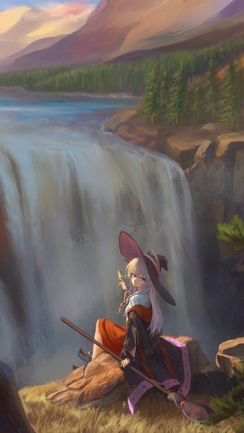 Elaina the witch sits by a waterfall with her broom