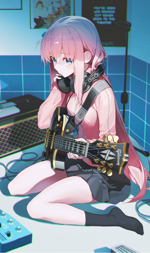 Gotou Hitori playing a Gibson electric guitar with headphones