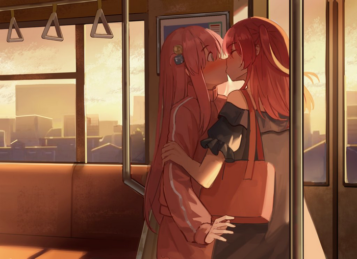 Bocchi the Rock! Two women kissing on a train