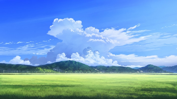 4K clouds over green mountains and field