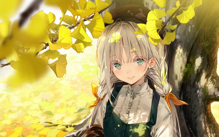 Anime girl with blonde hair and green eyes under yellow leaves