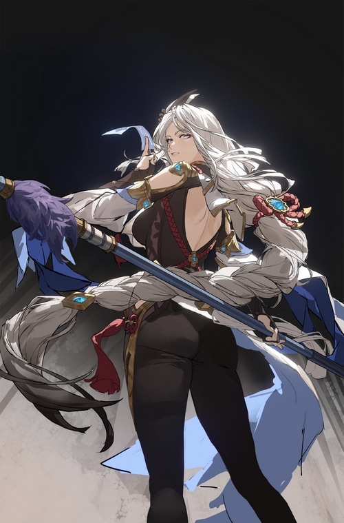 Shenhe from Genshin Impact holding a polearm