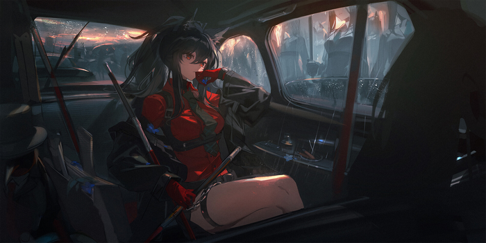 Girl with animal ears in a car during rain