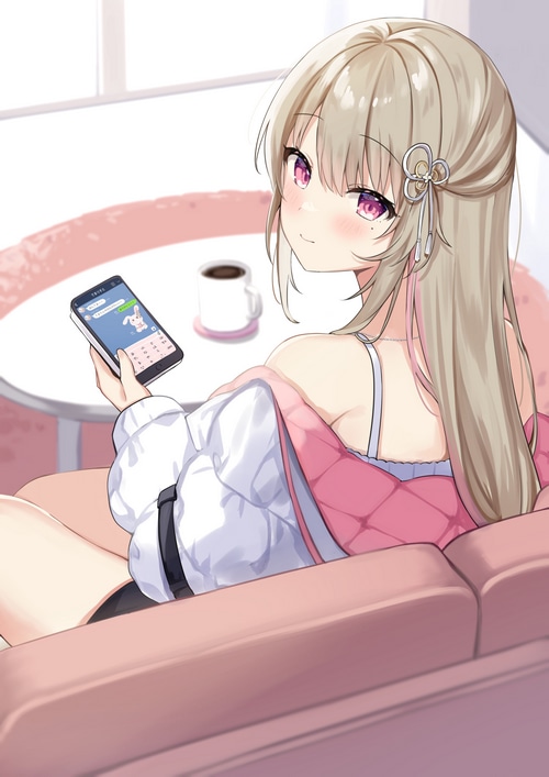 Anime girl with blonde hair looking back while holding a phone