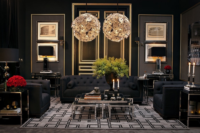 Luxurious dark living room with modern furniture