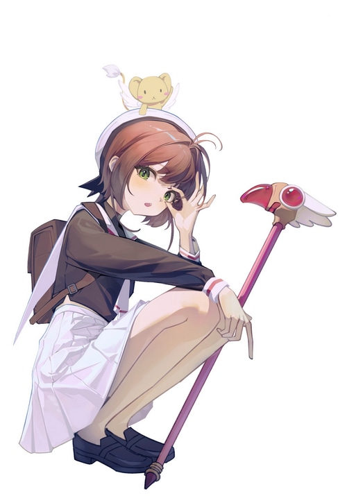 Sakura Kinomoto with Keroberos and a staff