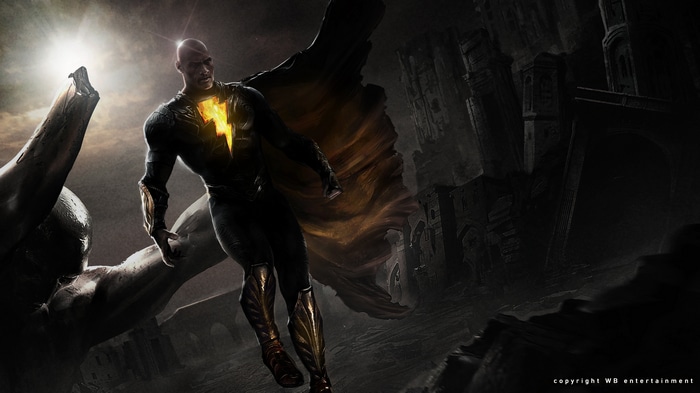Black Adam flying in a ruined city