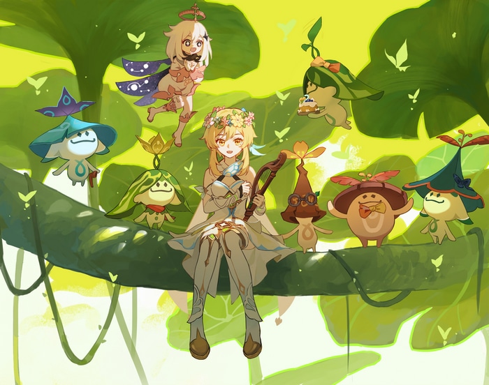 Lumine and Paimon with forest spirits in Genshin Impact