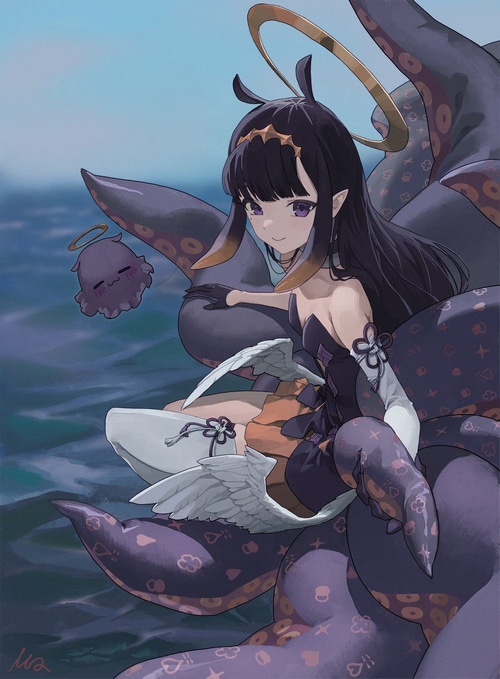 Ninomae Ina and Takodachi with tentacles in the ocean