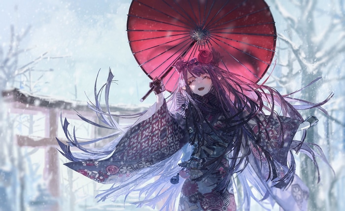 Ninomae Inanis with a Japanese umbrella in the snow