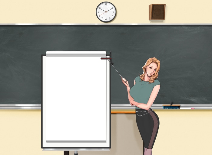 Woman teacher with pointer in classroom