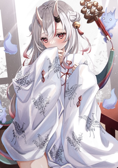 Anime girl with horns wearing a white kimono