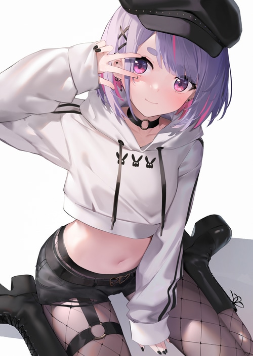 Girl with two-tone hair wearing a hat and fishnets