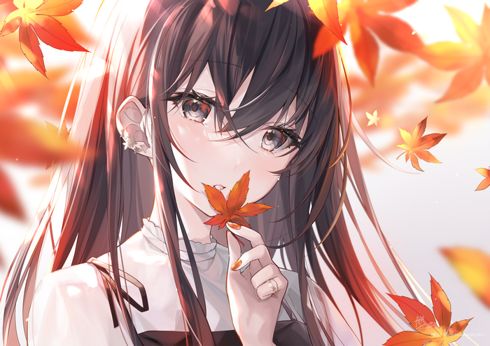 Anime girl Kagachi Saku holding a maple leaf in autumn