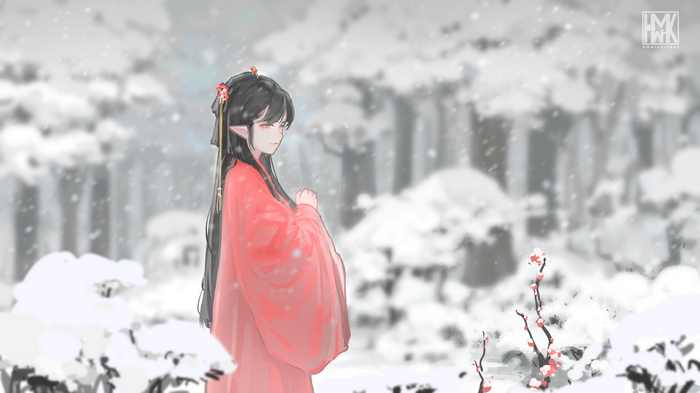 Girl in Chinese clothing in a snowy landscape
