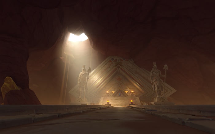 Genshin Impact cave with ancient architecture and statues