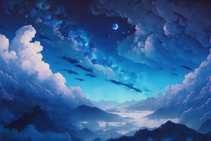 Starry night sky over mountains with moon and clouds