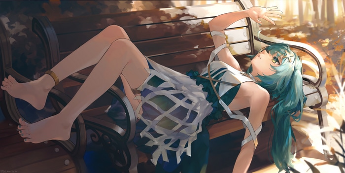 Faruzan lying on a bench in Genshin Impact