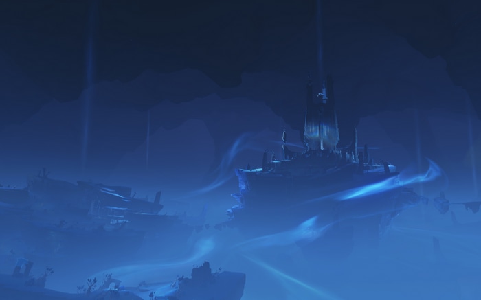 Genshin Impact fantasy architecture ruins in mist