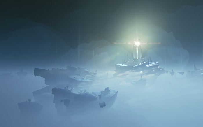 Genshin Impact fantasy architecture in mist