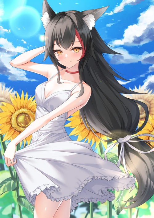 Ookami Mio in a white dress with sunflowers