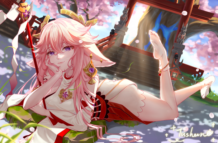 Yae Miko from Genshin Impact relaxing by a shrine