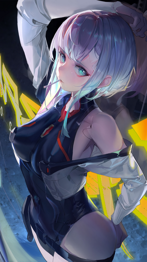 Lucyna Kushinada from Cyberpunk: Edgerunners with a lollipop