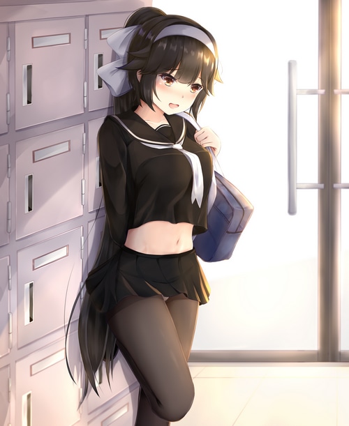 Anime schoolgirl in black uniform with white bow