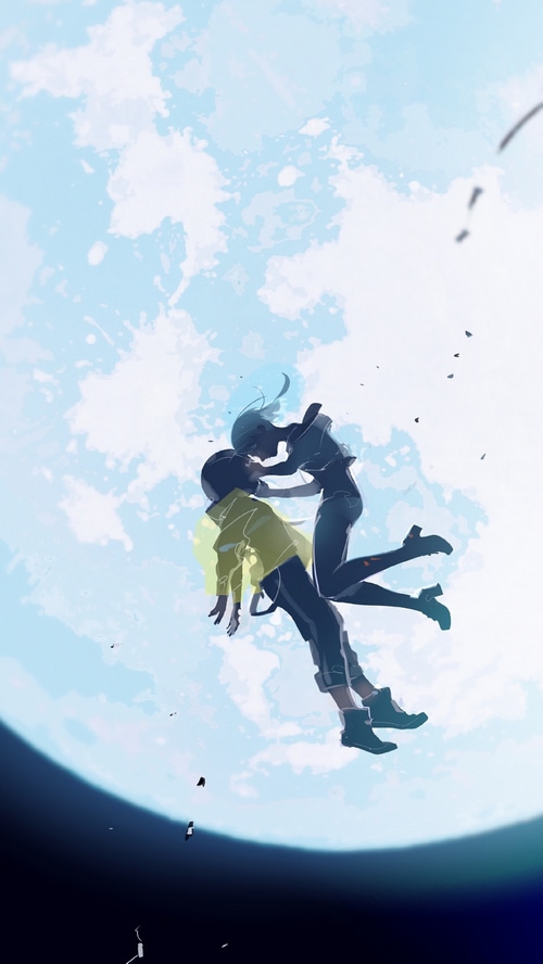 Lucy and David falling with the Moon in Cyberpunk: Edgerunners