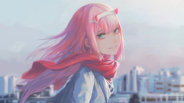 Zero Two from Darling in the FranXX with pink hair and horns