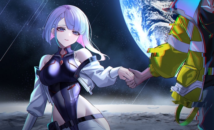 Lucy and David shaking hands with Earth in the background