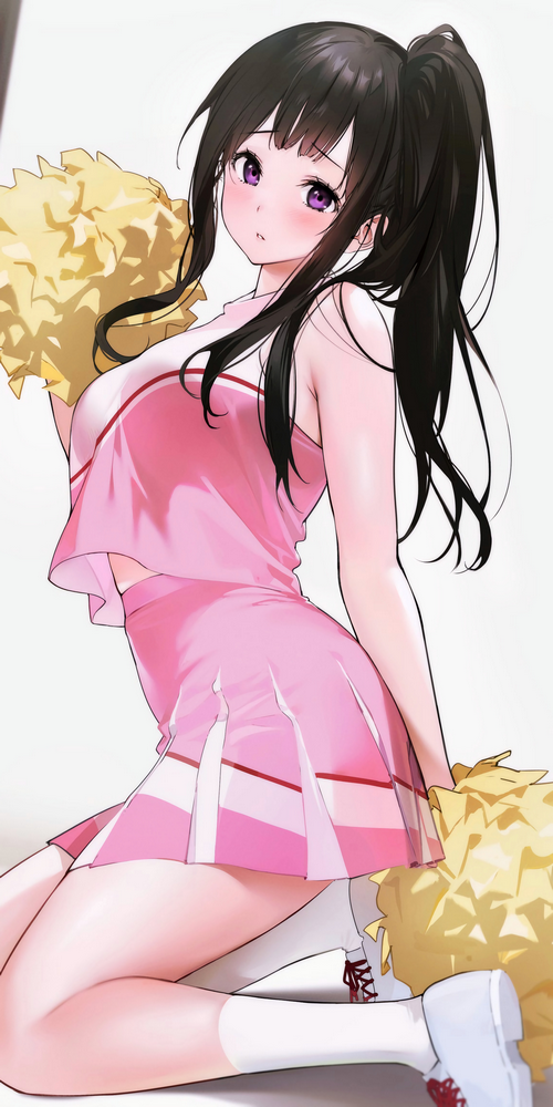 Chitanda Eru in a pink cheerleader outfit with purple eyes