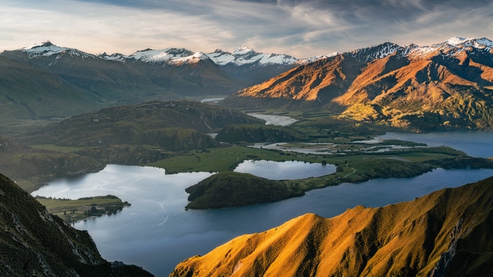 4K sunset over snowy mountains and lakes in New Zealand