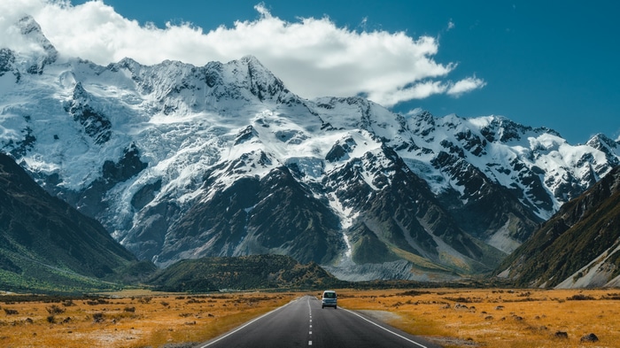 4K snowy mountains and road in New Zealand