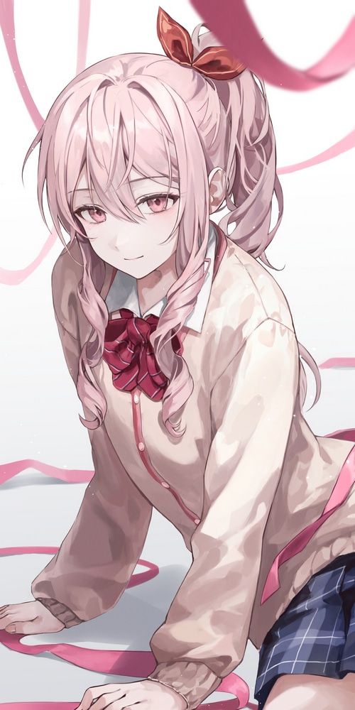 Anime girl with pink hair and pink eyes in school uniform