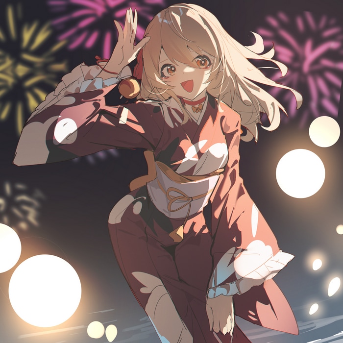 Yoimiya in a Kimono with Fireworks
