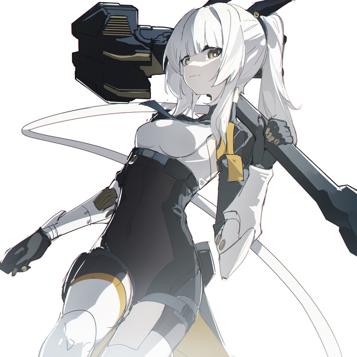 Anime girl with white hair holding a large weapon