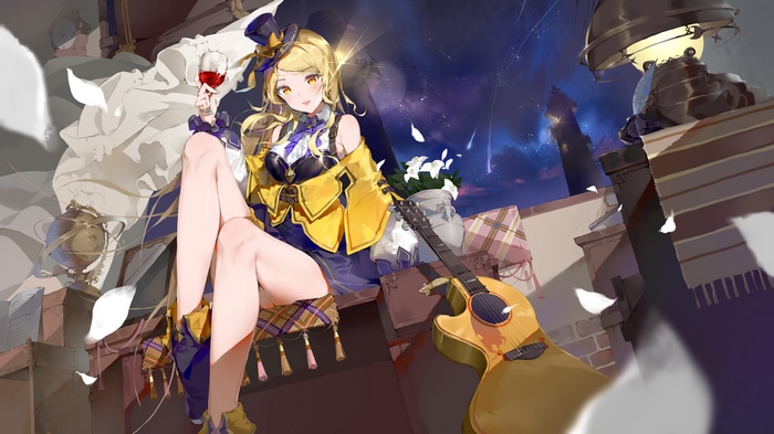 Anime girl with blonde hair and yellow eyes holding wine