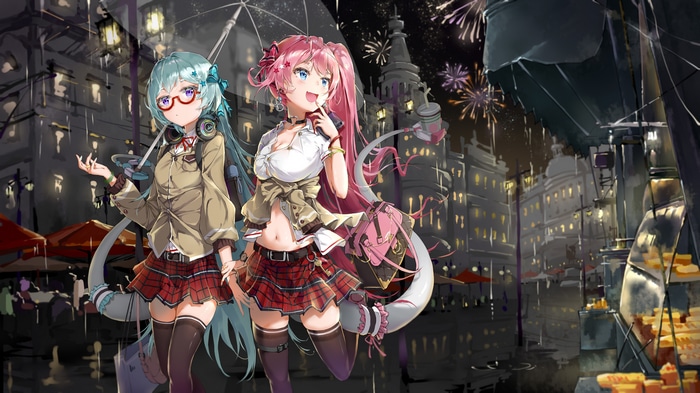 Honkai Impact 3rd Schoolgirls with Umbrella in Rain and Fireworks