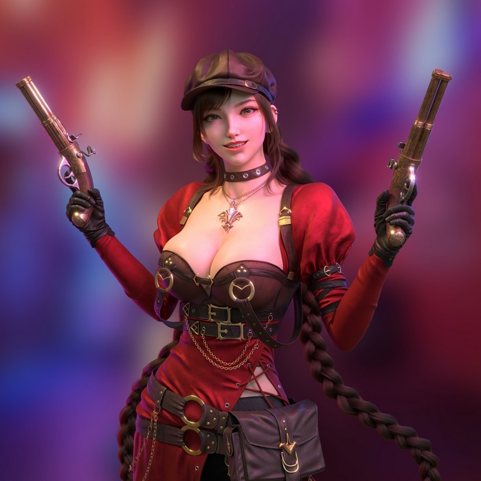 Woman in red with pistols and hat