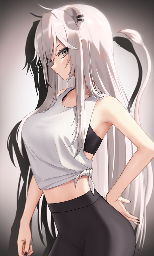 Anime girl with white hair and animal ears in yoga pants